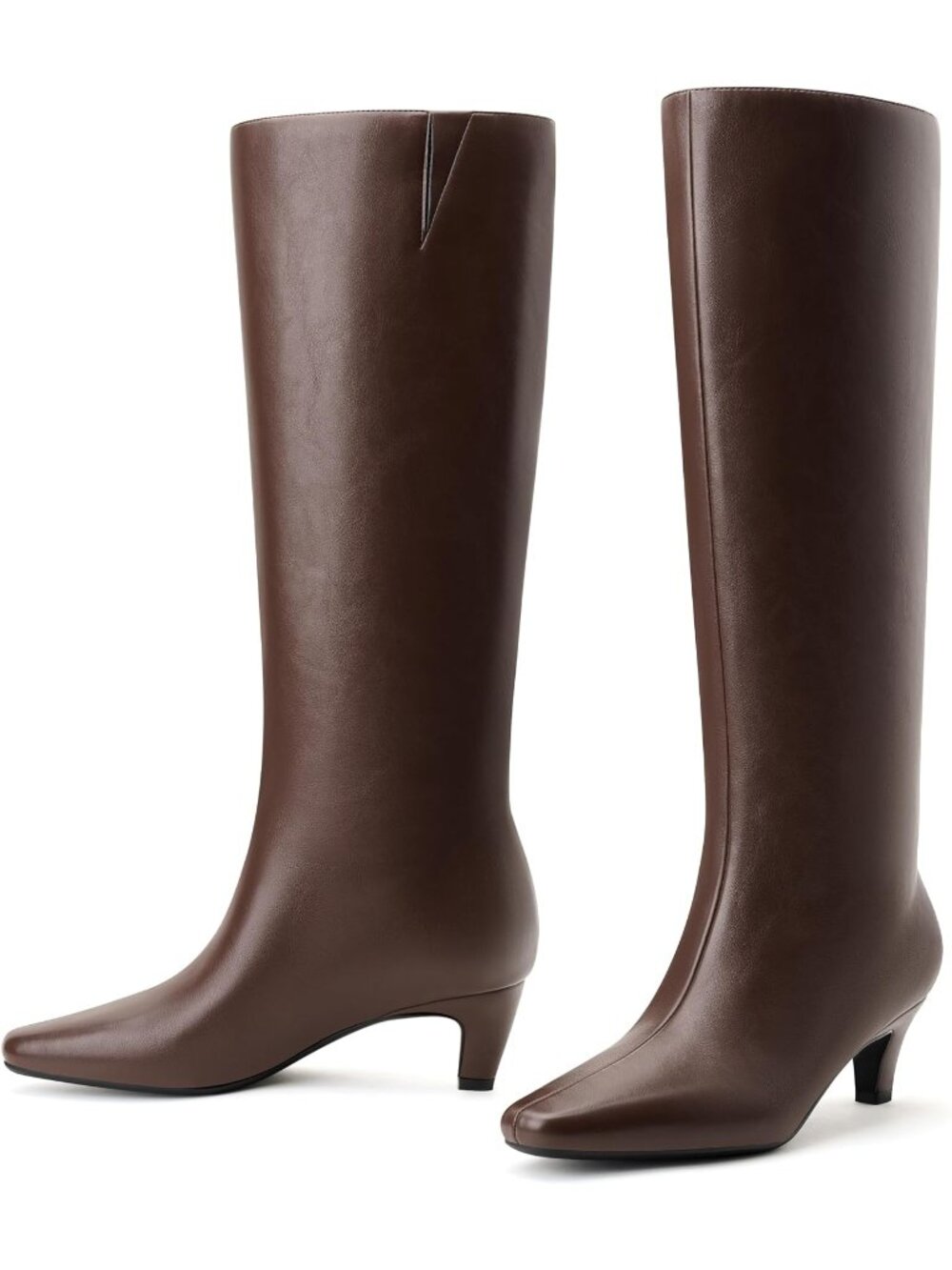 Women's Brown Knee High Boots Chic Kitten Heel Tall Boots Square Toe Breathable